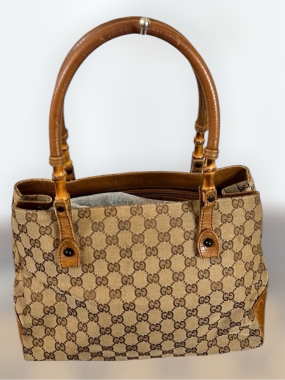 GUCCI Bamboo Shoulder Tote Bag GG Canvas Beige Brown